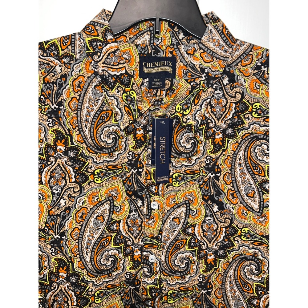 NEW Cremieux Premium Denim Mens 3XT Paisley Stretch Button Shirt Orange Black - Picture 2 of 5